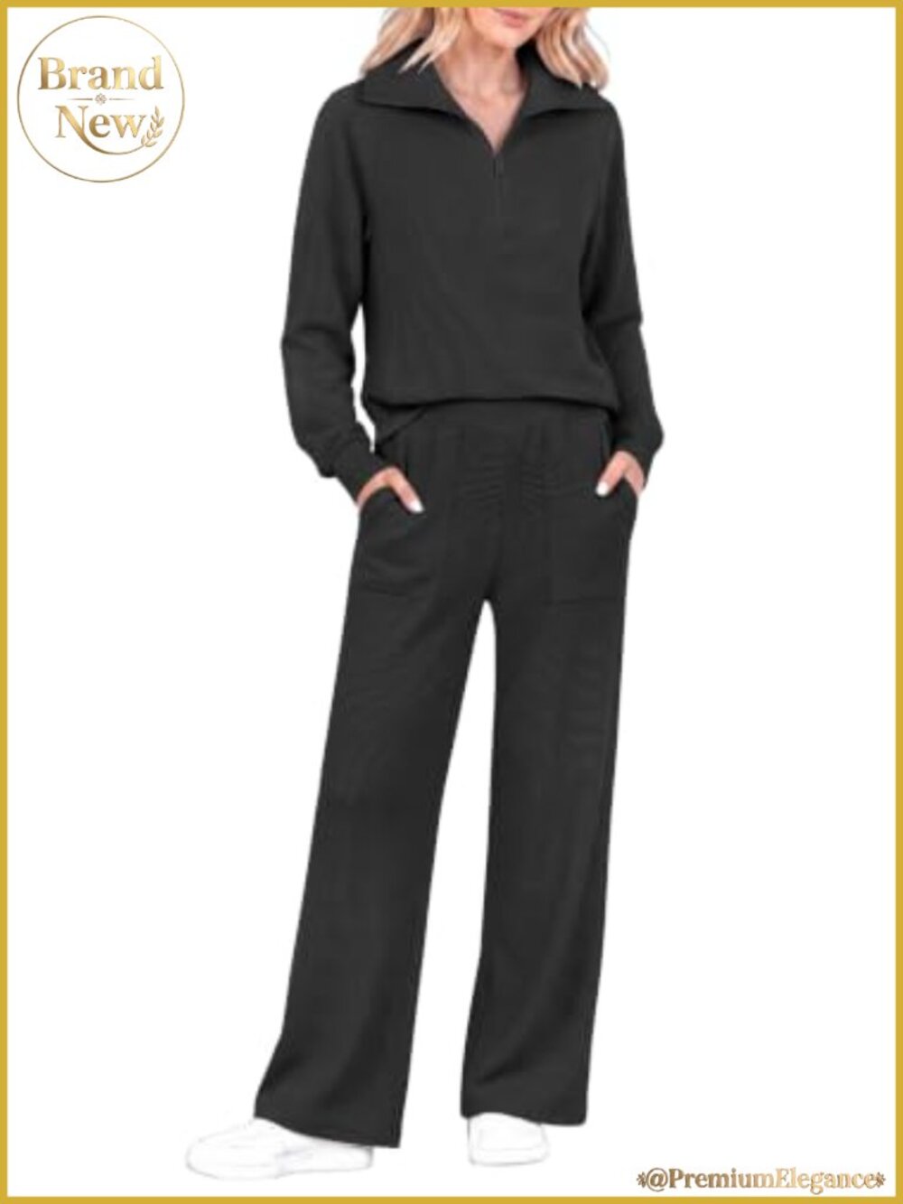 Casly Lamiit Women 2-Piece Ribbed Knit Lounge Set Half-Zip Top Wide-Leg Pants